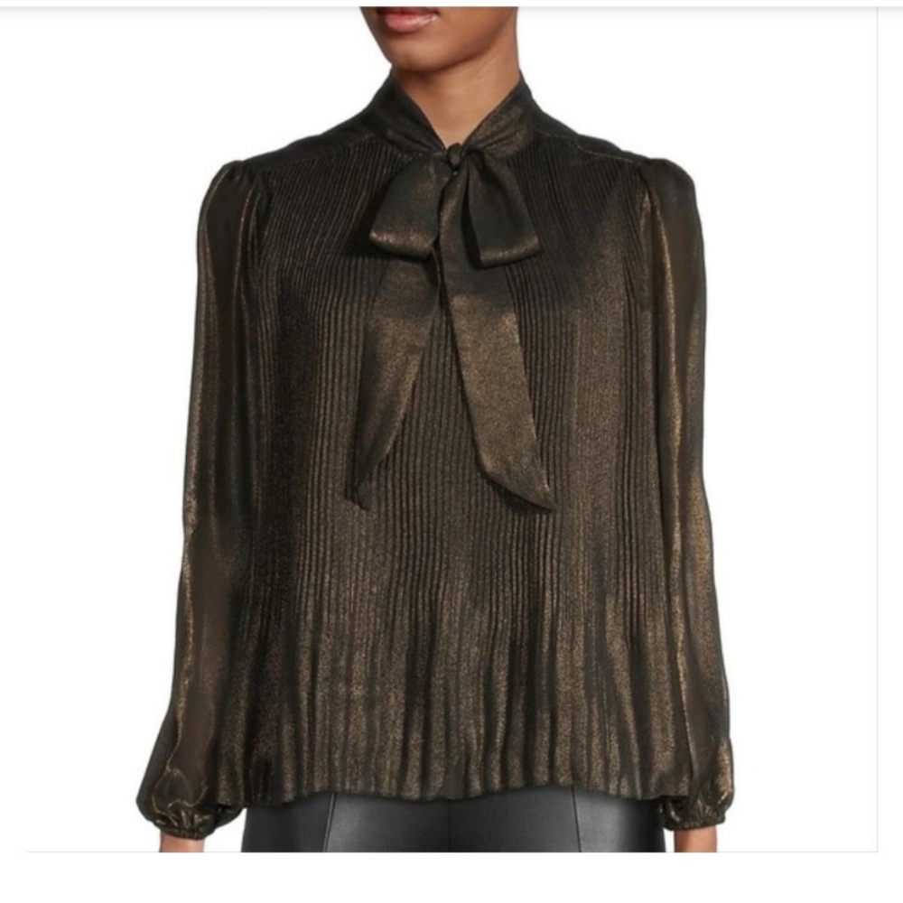 Nanette black and bronze tie shimmer neck blouse top - Picture 2 of 5